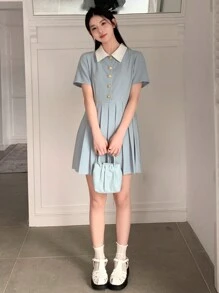 DAZY 女式拼色翻领百褶下摆连衣裙太阳裙衬衫裙，休闲女装 - 藍色 - 查看 6