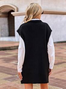 EURMUSE Solid Split Hem Sweater Vest Without Blouse - Black - View 2