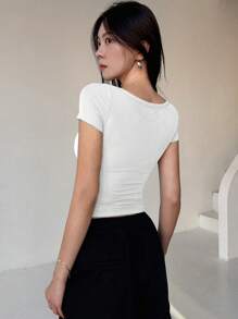 DAZY Women's Button-Front Half Placket Ribbed Knit T-Shirt - White - View 2