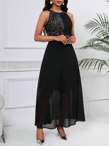 SHEIN Lady 女款無袖閃亮拼布掛脖連身裙 - 黑色 - 查看 1