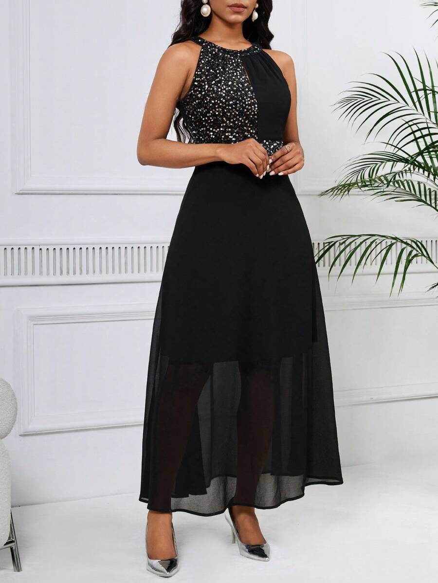 SHEIN Lady 女款無袖閃亮拼布掛脖連身裙 - 黑色 - 查看 1