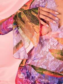 情人节喇叭袖蕾丝鱼尾连衣裙，女士哥特式性感圣诞服装 - 彩色 - 查看 5