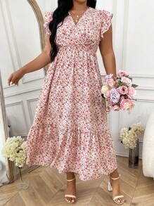 SHEIN Clasi 大码女式花卉印花盖袖 A 字型收腰连衣裙