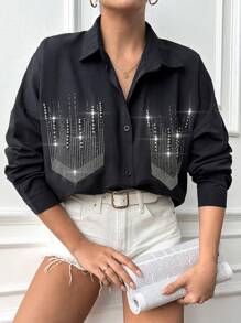 EURMUSE Long Studded & Rhinestone & Hot Drilling Detailed Drop Shoulder Shirt - Black - View 3