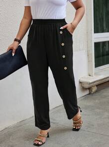 Calvaya Plus Size Solid Color Button Detail Pants Fall Cloth For Women - Black - View 3