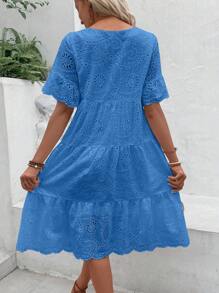 Breezaya Round Neck Hollow Out Embroidered Dress - Blue - View 3