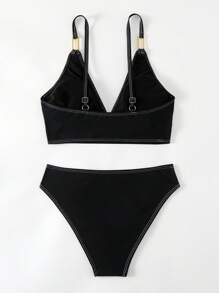 SHEIN Swim Women's See-Through Deep V-Neck Bikini Set With Spaghetti Straps Summer - Black - View 5