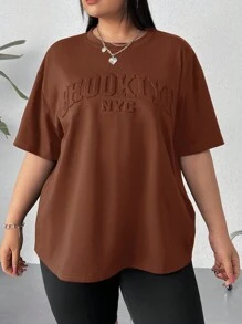 SHEIN EZwear 大尺碼女款圓領t恤,文字印花和浮雕效果 - 咖啡棕 - 查看 4