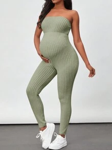 SHEIN Maternity Solid Color Long Sleeve Jacket And Strapless Jumpsuit Set - Green - View 4