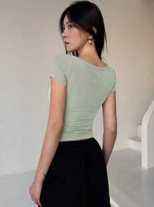 DAZY Camiseta De Punto Acanalado Con Media Tapeta Y Botones Para Mujer