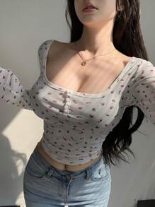 DAZY Floral Printed Half Sleeve Crop Top T-Shirt Long Sleeve Women Tops,Fall Women Clothes