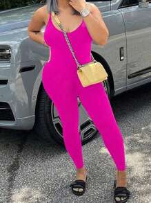 INAWLY Women's Solid Color Spaghetti Strap Unitards - Hot Pink - View 3