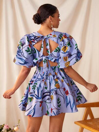 EBIB Boho Bohemian Floral Prints Front Twisted Wrap Cut Out Back Detail Dress, Concert Outfit Designer, Festival, Prom Dress