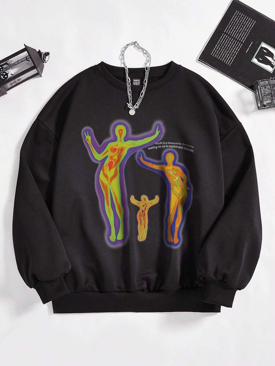 SHEIN EZwear 女士秋冬時尚加厚圓領休閒印花運動裝，印有人物和口號， - 黑色 - 查看 1