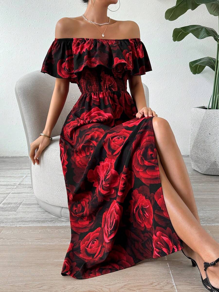 Breezaya Valentine's Day Women's Red Floral Off-Shoulder Shirred Decorated Romantic Holiday Dress For New Year Clothes Maxi Women Outfit - Red - View 1