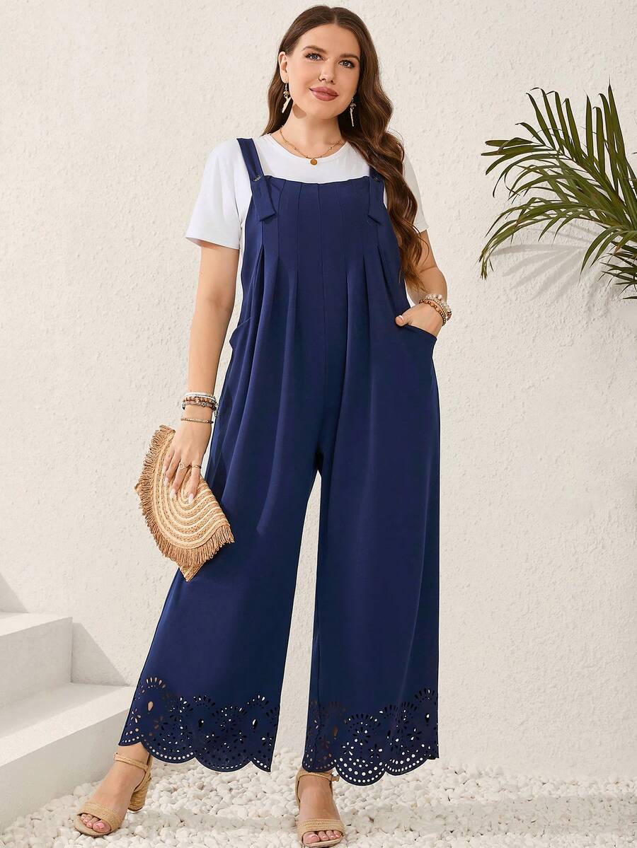 EMERY ROSE 大尺碼女士夏季可調肩帶背帶連體褲,藍色空心跳線連身褲,雙口袋設計 - 藍色 - 查看 1