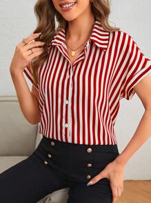 SHEIN Frenchy Striped Print Batwing Sleeve Shirt Christmas Red Summer New Year