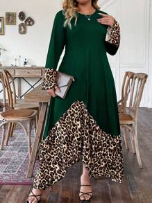 SHEIN LUNE Kích thước lớn In hoa Báo Vòng cổ Đầm - Màu xanh lá cây đậm - Xem 1