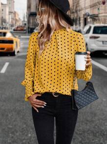 EMERY ROSE Áo cánh tay loe nửa in chấm bi, thường ngày cho nữ, kiểu dáng thanh lịch, thắt nút, xếp nếp, tay dài cổ đứng vừa vặn màu vàng thường xuyên, áo cánh cho nữ, mùa xuân/thu, trang phục thường ngày - Màu vàng - Xem 4