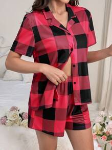 Rô Kiểm tra Mẫu Ngắn tay Áo sơ mi Và Quần short Trang phục mặc nhà Bộ - Nhiều màu - Xem 4