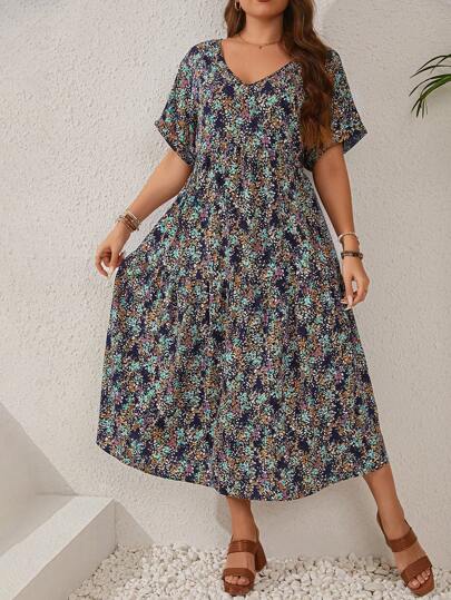 EMERY ROSE Plus Size Women's Floral Print Layered Split Shoulder Sleeve Long Summer Dress