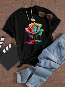 SHEIN Maglietta grafica donna taglie forti con scollo tondo e stampa di rose - nero - Visualizzare 3