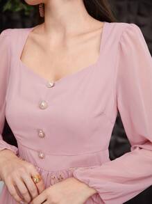 Modelyn Đầm dạ hội dài tay đèn lồng dệt jacquard cho nữ - Hồng - Xem 4