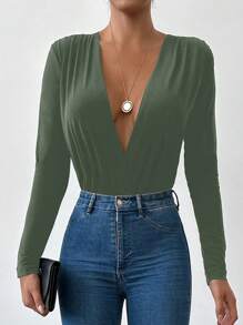 EURMUSE Solid Plunging Neck Bodysuit - Green - View 3