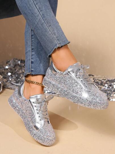 Zapatos deportivos casuales con cordones y decoración con brillo, zapatos planos de uso diario, tenis para mujeres de moda para otoño/invierno