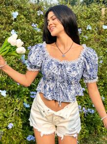Soleia Camisa Con Manga Corta Abombada - Azul - Ver 1