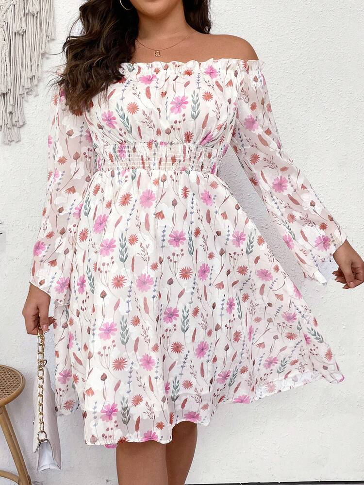 Plus Size Women's Off-Shoulder Floral Printed Dress Fall Cloth For Women