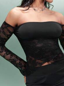 SHEIN BAE Của phụ nữ Đen Off Shoulder Ren Bán tuyệt đối Áo Với Cao Bên Khe Chặt Váy , Thích hợp Cho mùa xuân Và Giải trí Trang phục trên phố - màu đen - Xem 8