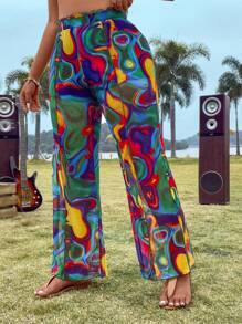 SHEIN Holidaya Pantalon Évasé De Style Festival De Musique Boho À Tie-dye Pour Femmes De Grande Taille - Multicolore - Voir 3