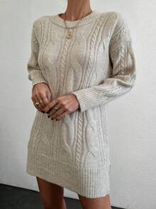 EURMUSE Kabelstickad Fållen Slits Sweater Klänningar utan Bälte - Beige - Visa 5