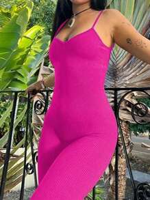 INAWLY Women's Solid Color Spaghetti Strap Unitards - Hot Pink - View 5