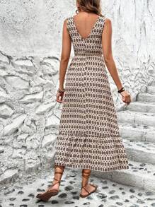 SHEIN Clasi Vestido de mujer sin mangas con estampado geométrico y bajo con volantes, atuendo de mujer maxi