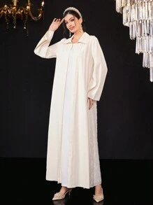 Al Najma 女士毛绒装饰后背长袖长袍（无腰带），穆斯林时尚长袍，适合休闲/节日/聚会/旅行 - 杏色 - 查看 7