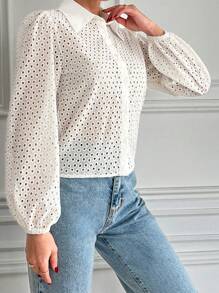 EURMUSE Women'S Hollow Embroidered Button Open Lantern Sleeve Shirt - White - View 4