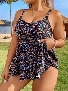 Swim Lushoire Plus Size Random Printed Cami Tank Top And Triangle Brief Tankini Set, Beach Outfit Tankini Set Bathing Suit Summer,Summer Beach - Multicolor - View 6