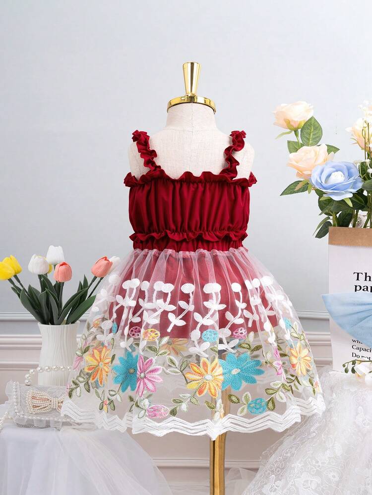 Baby Girl 2pcs/Set Red Ruffled Hem Cami Top And Embroidered Mesh Skirt Set, Gorgeous Cute Daily Casual Outfit