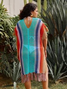 SHEIN Clasi Plus Size Women's Colorful Striped Hollow Out Knitted Sweater Dress - Multicolor - View 2