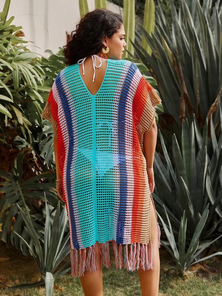 Plus Size Women's Colorful Striped Hollow Out Knitted Sweater Dress