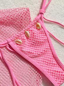 Swim Mod Conjunto de bikini con textura decorada con conchas marinas para mujeres, atuendos de playa de verano - Rosa - Ver 5