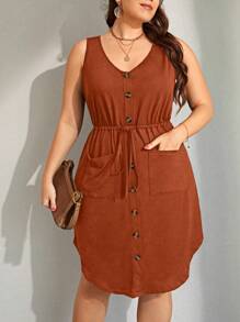 SHEIN LUNE Vestido De Talla Grande Sin Mangas Con Banda De Cintura Con Cordón Y Dos Bolsillos - Naranja - Ver 1