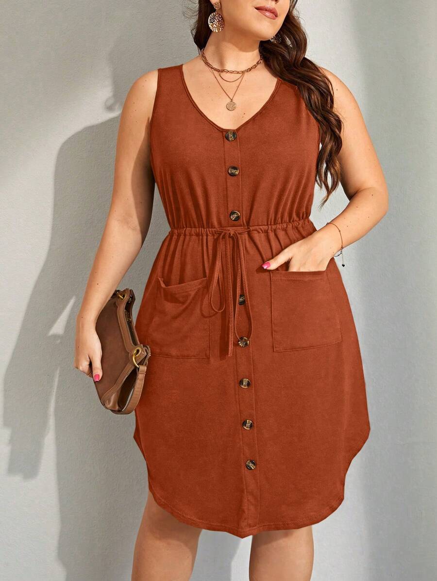 SHEIN LUNE Vestido De Talla Grande Sin Mangas Con Banda De Cintura Con Cordón Y Dos Bolsillos - Naranja - Ver 1
