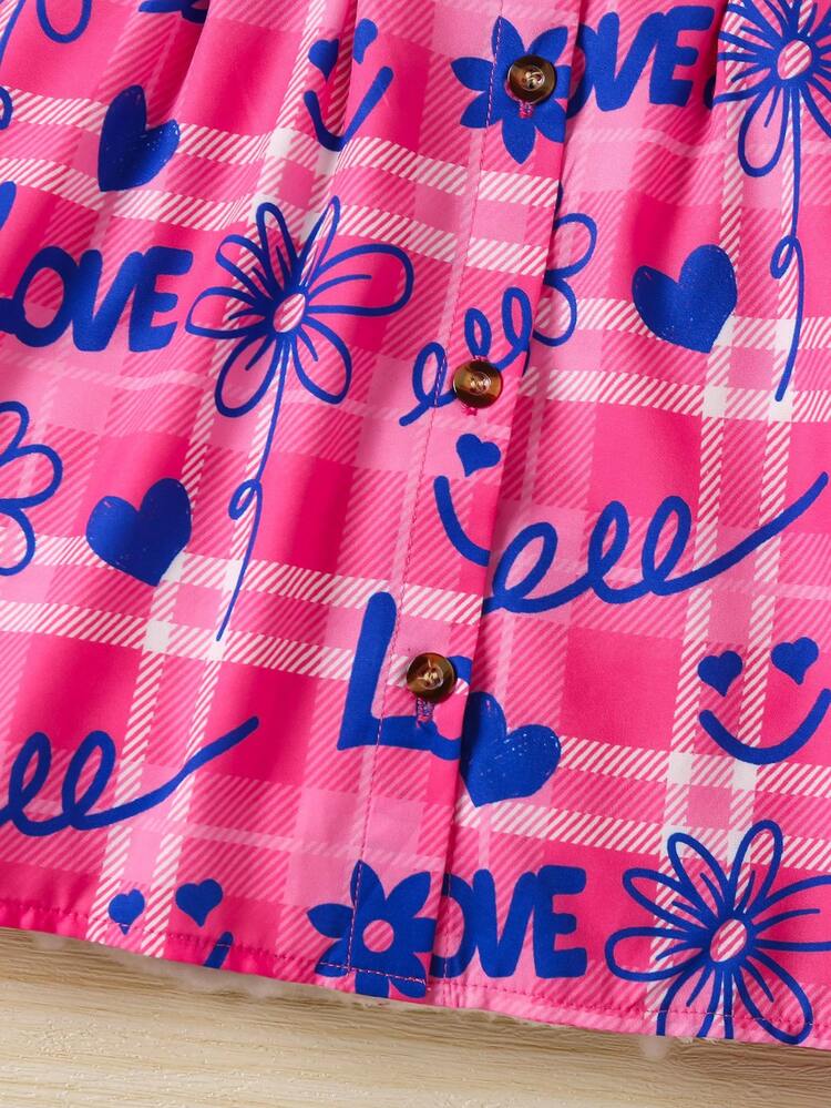 Young Girls' Plaid & Letter Pattern Sleeveless Shirt Dress