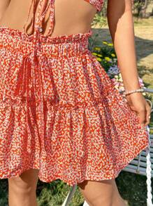 Soleia 花卉印花露肩上衣及荷葉邊裙子兩件套裝