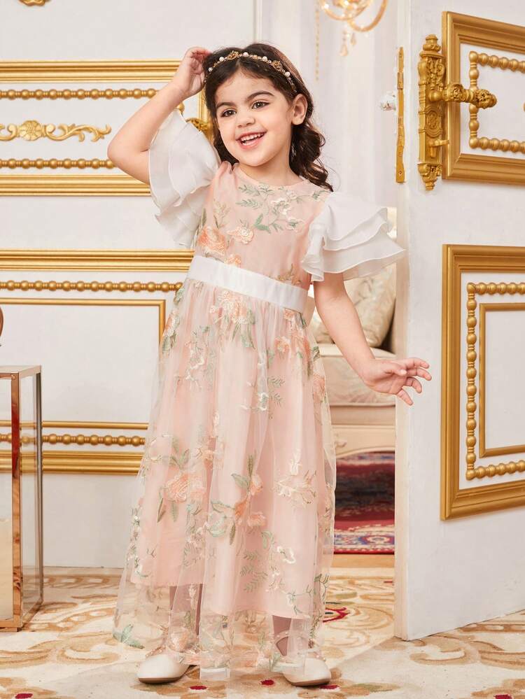Young Girls' Embroidered Mesh Dress With Color Blocking And Ruffle Trim