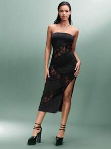 SHEIN BAE 純黑色蕾絲拼接和鏤空設計半透明開衩緊身無肩帶連身裙,非常適合春夏派對、單身聚會、約會之夜、音樂節和夜店。 - 黑色 - 查看 4