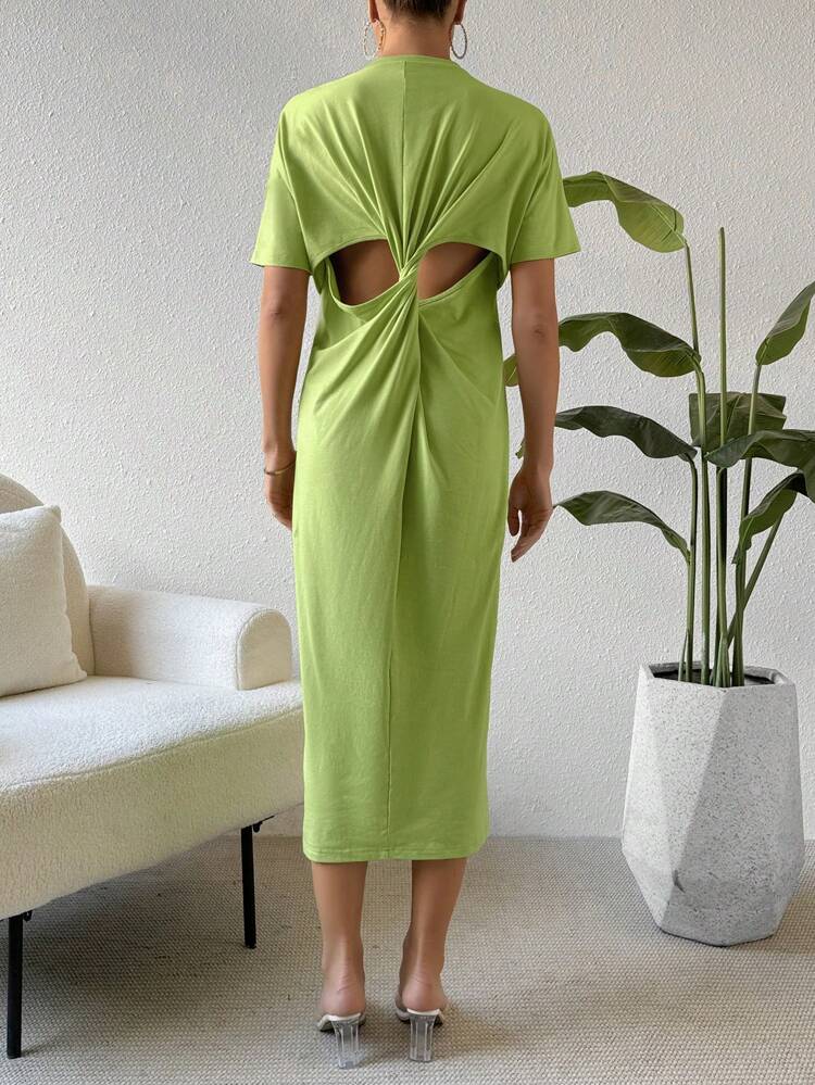 Mint Green Knitted Casual Long Dress With Back Twist Design For Spring & Summer